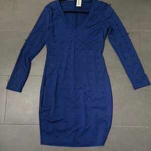 Blue short dress. Form fitting elegant dress